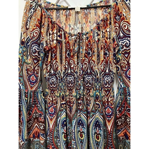 Boston Proper Womans Dress Sz 4 Multicolor Gypsy Boho Smocked Waist Bell Sleeve - Picture 3 of 10
